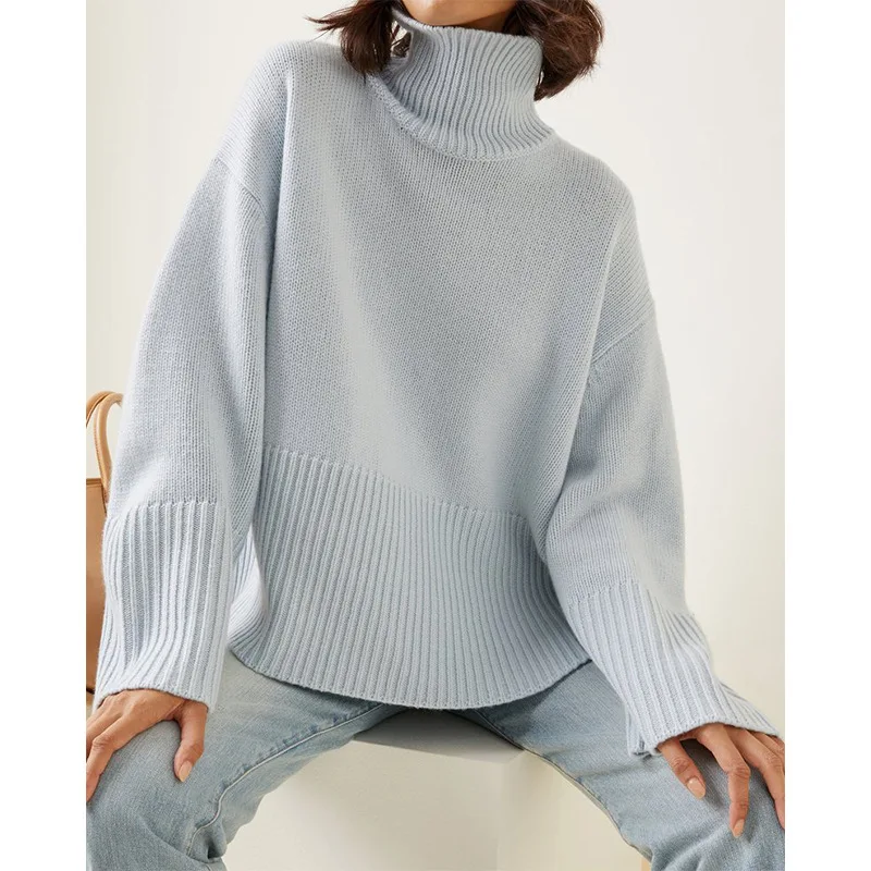 Women Sweater 2021 Fall/Winter High Neck Cashmere Blend Loose Slit with Hem |