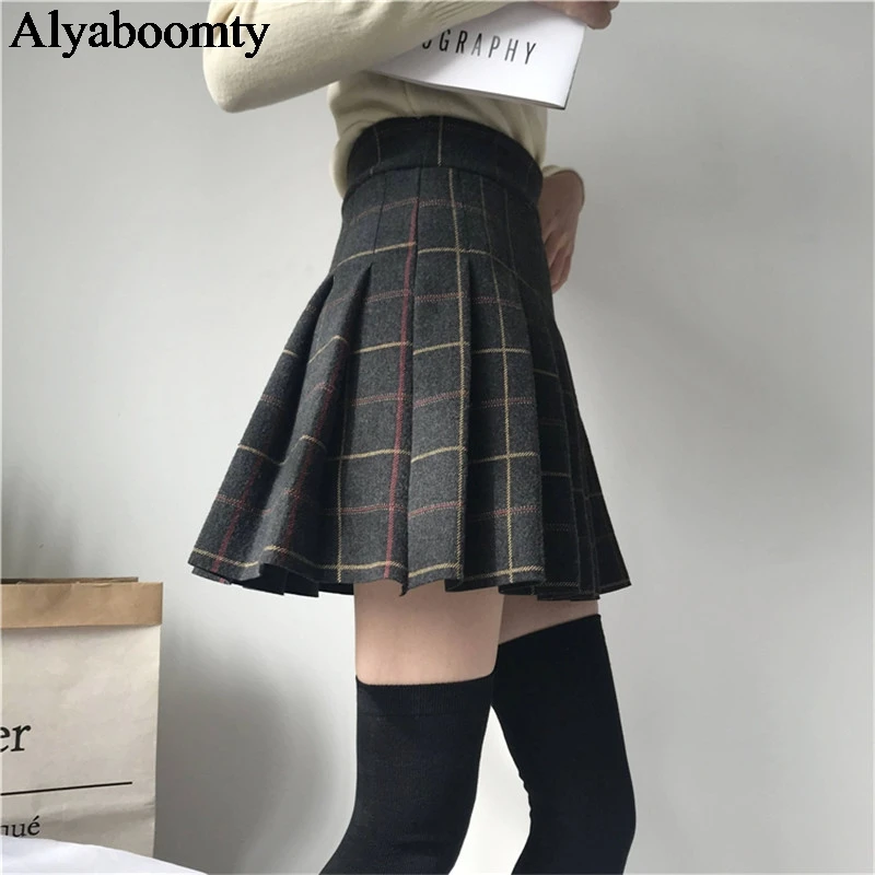 Японская консервативная Стильная осенне-зимняя женская утолщенная юбка с высокой талией, винтажная Клетчатая Шерстяная мини-юбка, милая кавайная теплая плиссированная юбка