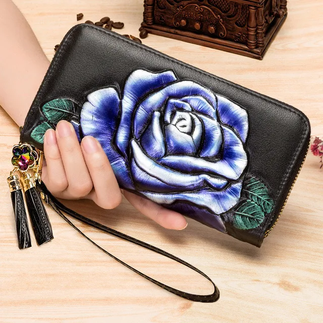 floral genuine leather purse women long women's wallets double zipper clutch money bag for cell phone and card holder 2022 6