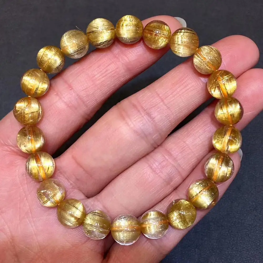 

8.8mm Natural Gold Rutilated Titanium Quartz Bracelet Woman Man Cat Eye Effect Crystal Round Beads Jewelry AAAAA Drop Shipping