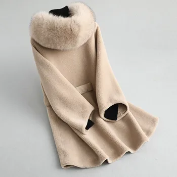 

2020 Fur Coat Real New Winter Jacket Women Fox Fur Collar Sheep Shearling Fur Jackets 100% Wool Coat Female Suede Leather Cothes