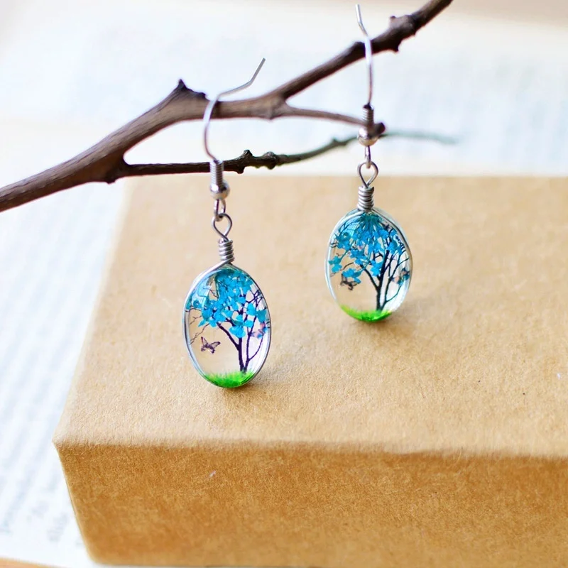 Plant Dry Dried Real Flower Earring Drop Earring Glass Ball Pressed Flower for Women