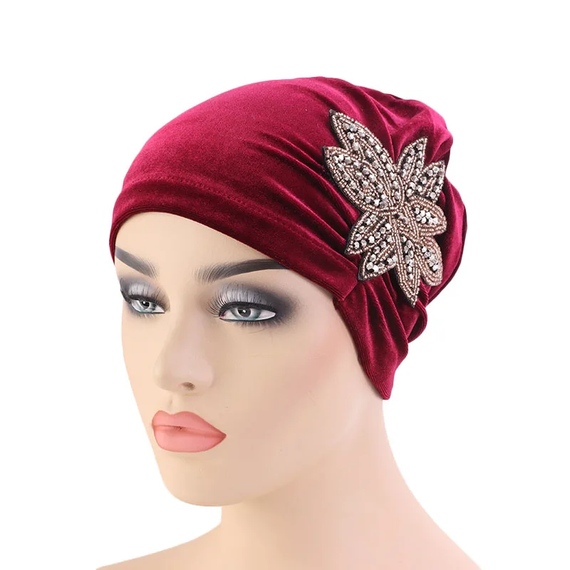 

New beaded flower turban velvet hat Women Muslim Chemo Hat Hijab Hair Loss Head Scarf Turban Cap Wrap turbante mujer hijab