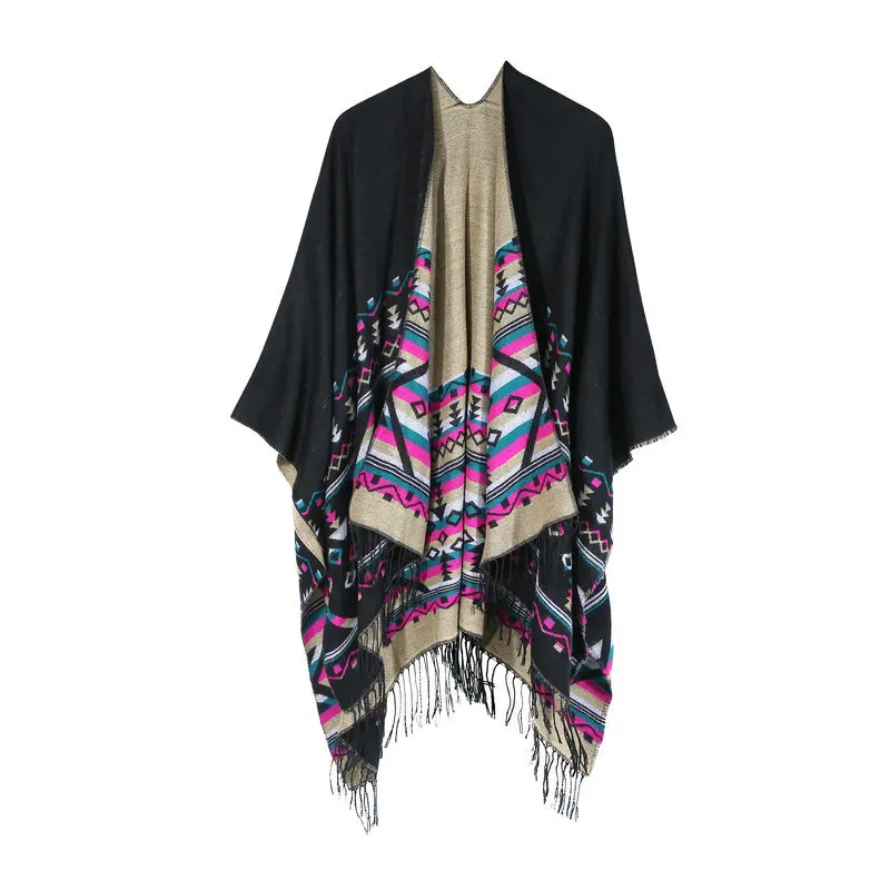 Europe And America Hot Sales New Style Geometry Color Stripes Faux Cashmere Tassels Cloak Shawl Thick Warm