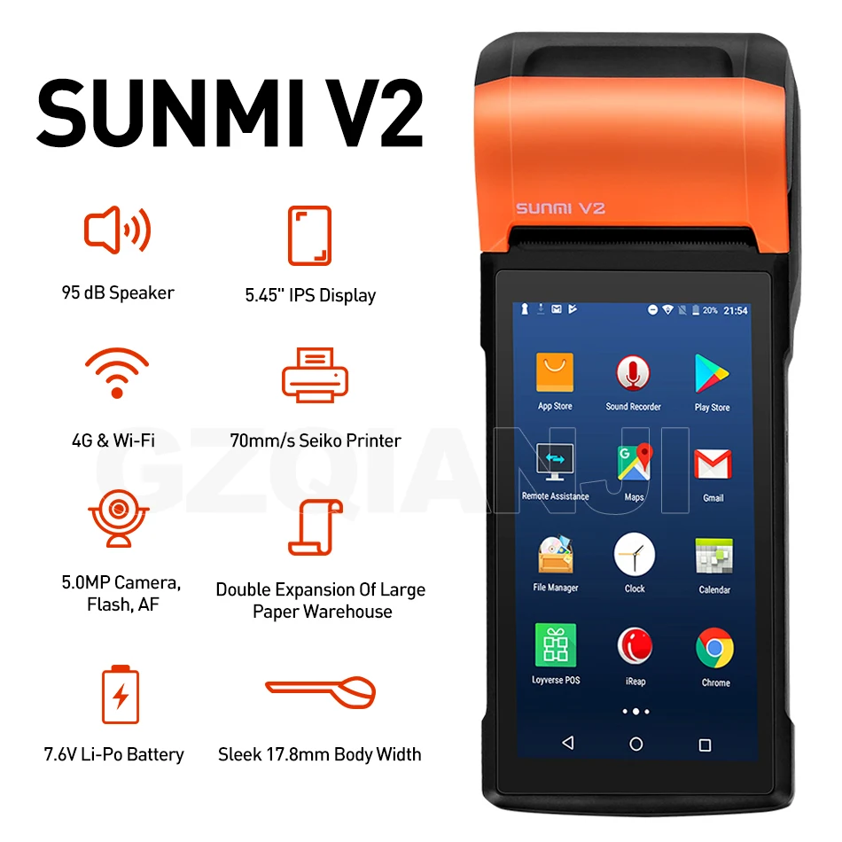 Pos терминал SUNMI V2 V1S android bluetooth 4G wifi ручной ресторанный розничный 58 мм Термальный