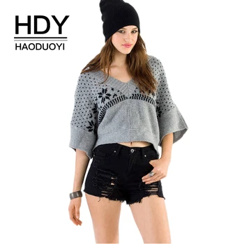

HDY Haoduoyi New V Neck Geometric Knitted Hooded Short Sweaters Half Batwing Sleeve Pullovers Autumn Winter Women Sweater