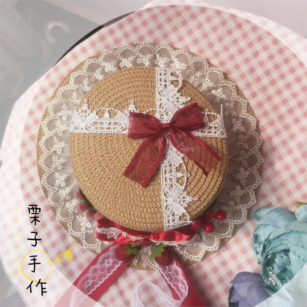 Origional Self-Made Lolita Straw Hat Strawberry Jam Pastoral Style Lace SOFT Girl Lolita Hat