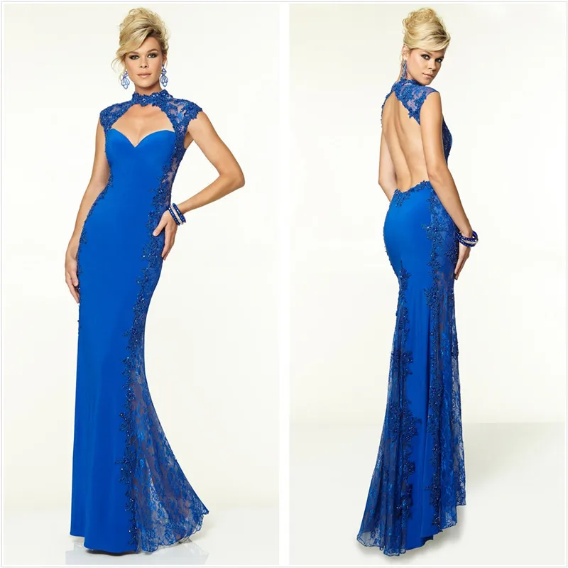 

2018 robe de soiree High Neck SChiffon Lace women elegant 2018 Royal Blue formal evening Prom Gown mother of the bride dresses