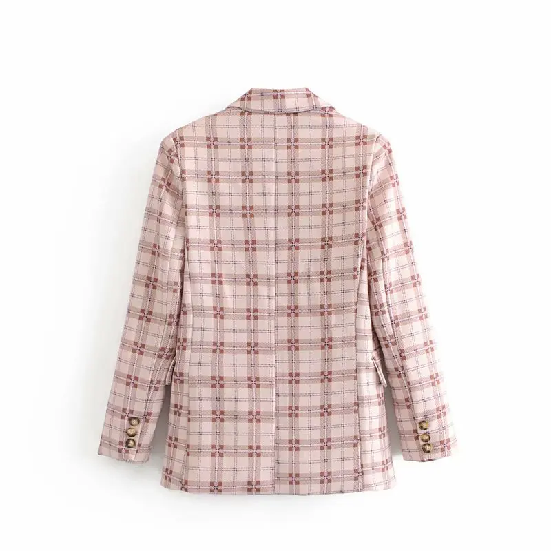 

5284-1580 Trend WOMEN'S Dress New Style Suit Coat Fold-down Collar Double Breasted Long Sleeve Plaid Mid-length Suit