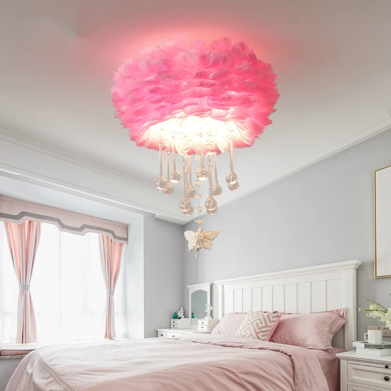 Скандинавский светодиодный потолочный светильник, белый/серый/розовый перо, романтическая лампа, хрустальный светильник для спальни, детской комнаты, декоративный светильник