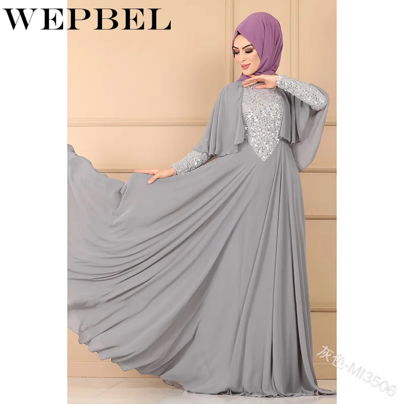 WEPBEL, женское платье с блестками, длинный рукав, Абая, мусульманское, повседневное, модное, с круглым вырезом, с оборками, Исламская одежда, женские длинные платья макси