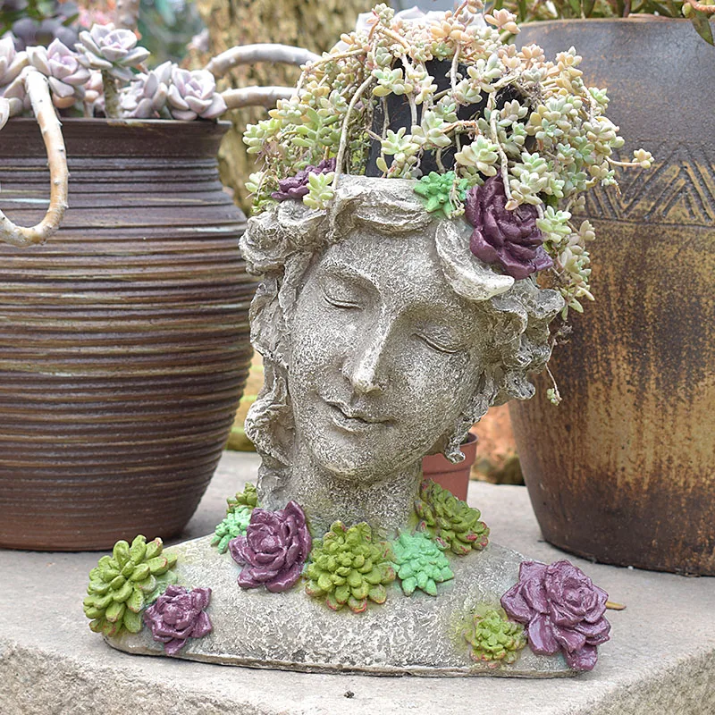 American Country Style Cute Ornament Grape Succulents Beauty Girl Flower Pot Resin Human Face Arts Cartoon Plant Art Houseplant Handmade Art Home Garden Desktop Decoration R3019