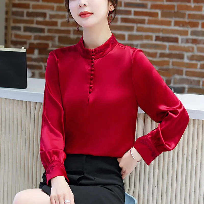 

Korean Silk Women Blouses Women Satin Shirts Elegant Women Long Sleeve Blouse Shirt Plus Size Womens Tops and Blouses Harajuku