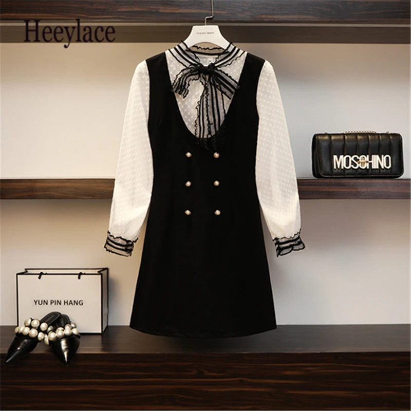 

Plus Size 2 Piece Fake Set For Women Dress Long Sleeve Chiffon Lace Bow Summer Autumn 2019 New Fashion Lady Dress Oversized 5XL