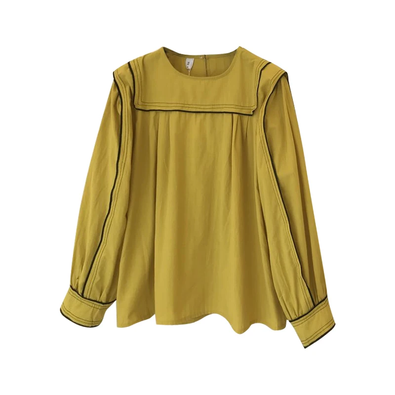 Neploe Korean Vintage Women Blouse Elegant Puff Long Sleeve Office Ladies Shirts Blusas Fashion Cotton Linen Tops and Blouses - Цвет: yellow blouse