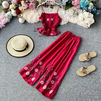 

bohemian two piece set women Clothes flower embroidery crop top vest and wide leg pants girl sexy beach style 2 pieces