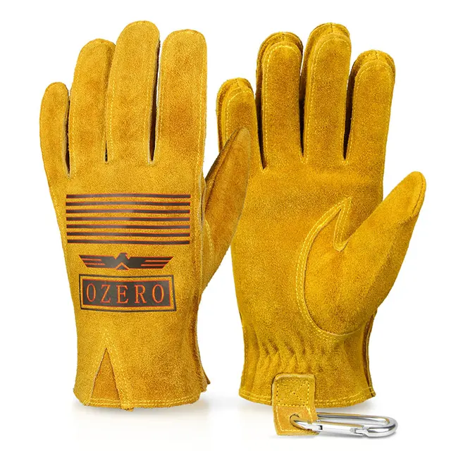 OZERO Motorcycle Gloves Cowhide Gloves Mens Women Cycling Anti-Slip Full Finger Mountain Bicycle Guantes Moto Gloves Yellow -logo