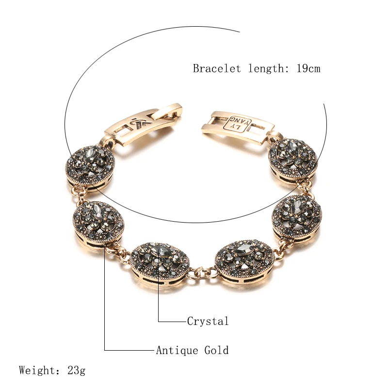 Charm Bracelet Boho Women Link Antique Gold Color Gray Crystal Ethnic Wedding Bridal Vintage Russia Accessories