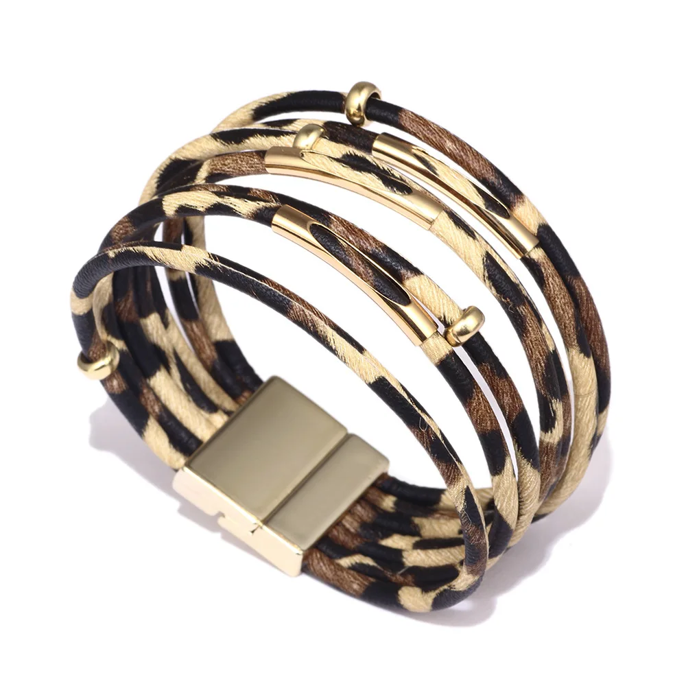 Multilayer Magnet Fashion Leopard Trendy Leather Bracelets Women Fashion Girl Cuff Bangle Female Jewelry geometric