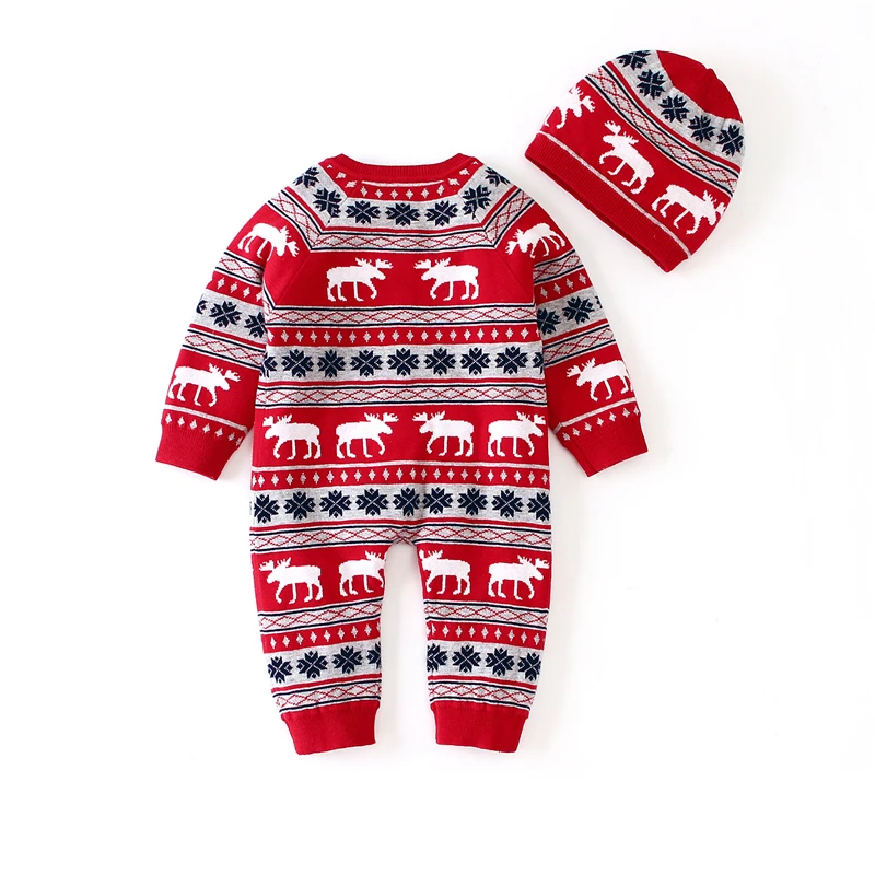 Infant Boys Girls Overalls Christmas Suit New born Baby Romper+ Hat Long Sleeve Knit Toddler Winter Clothes Cotton Kid Jumpsuit