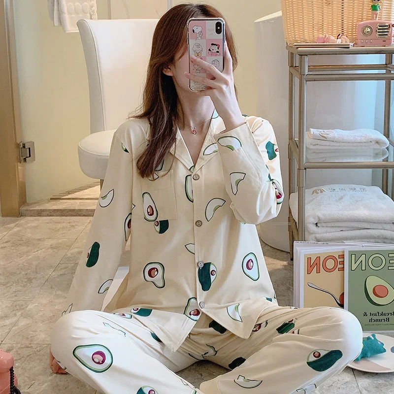 Пижамы для женщин с длинным рукавом в клетку в Корейском стиле розовый Kawaii пижамный комплект размера плюс женская домашняя одежда мягкая с отложным воротником - Цвет: 24