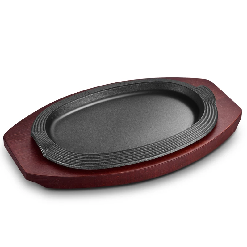 Thickened cast iron braised pan Korean barbecue fried steak plate restaurant non stick grill BBQ pot household wooden tray set