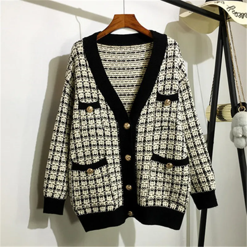 

Women Sweater Jacket 2019 Oversized Knitted Cardigans Loose Plaid Jumpers Korean Clothing Basic Coat Spring Autumn Jackets V941