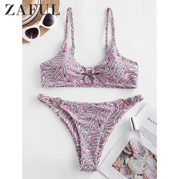 

ZAFUL Sexy Abstract Print Dual Ring Bikini Swimsuit Avant-Garde Printed Vest Bikini Removable Padded Bikini Sets Low Waisted2020