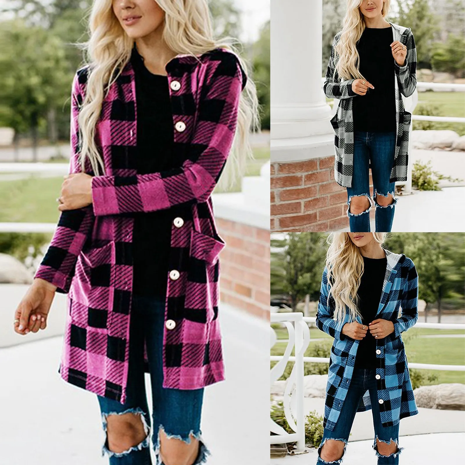 

Women Casual Plaid Hooded Shirt Fashion Oversized Loose Button Outdoorwear Tunic Shirt Blouse Female Long Coat кардиган женский