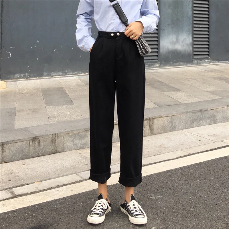 Jeans Women BF Straight Loose Solid High Waist Simple All-match Chic Casual Womens Trousers Harajuku Korean Pockets Fashion HOT