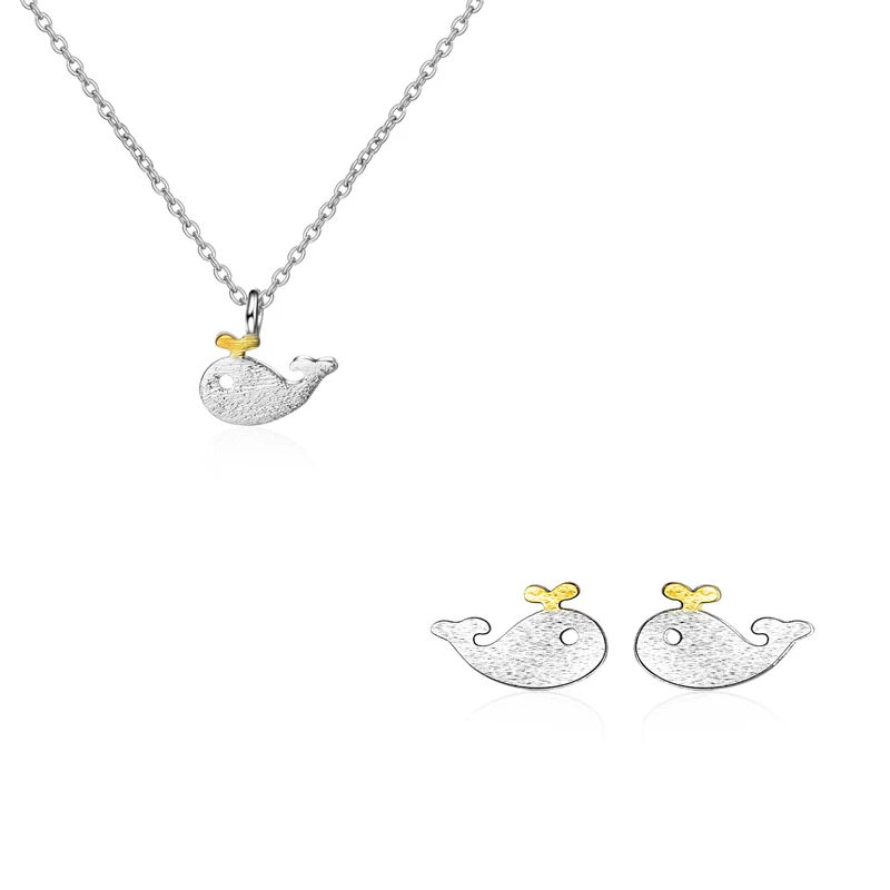 

Cute 925 Sterling Silver Jewelry Sets For Women Little Yellow Whale Dolphin Marine Animal Pendant Necklace+Earrings Lover Gift