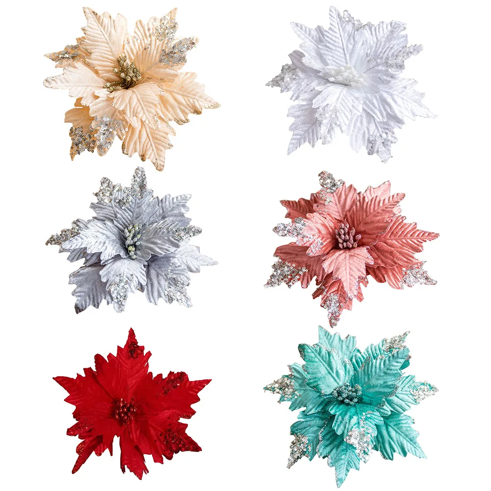 

Artificial Christmas Flowers Merry Christmas Tree Ornament Artificial Flowers Xmas Tree Glitter Fake Flower Head DIY