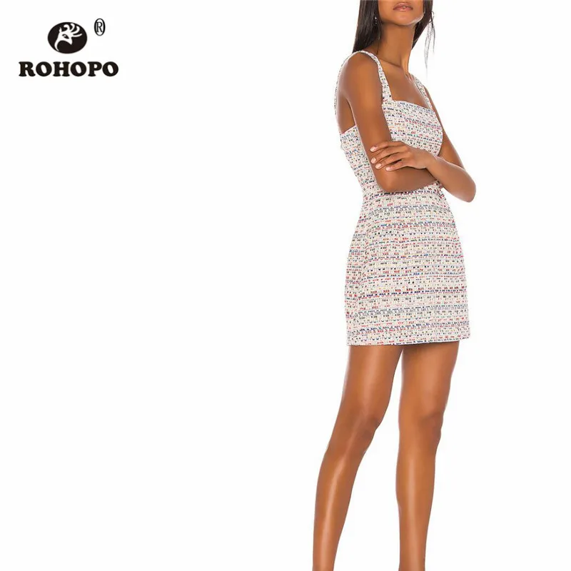 

ROHOPO Wide Spaghetti Strap Tweed Plaid Mini Dress Tops Side Welted Zipper Flared Hem Sexy Party Blend Roobe #9136