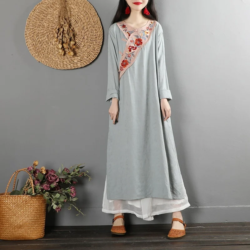 Retro Dress Stand Collar Long Sleeve Loose Casual Robe Vintage Femme Chinese Style Cheongsam Cotton Linen Women Dresses TA2092