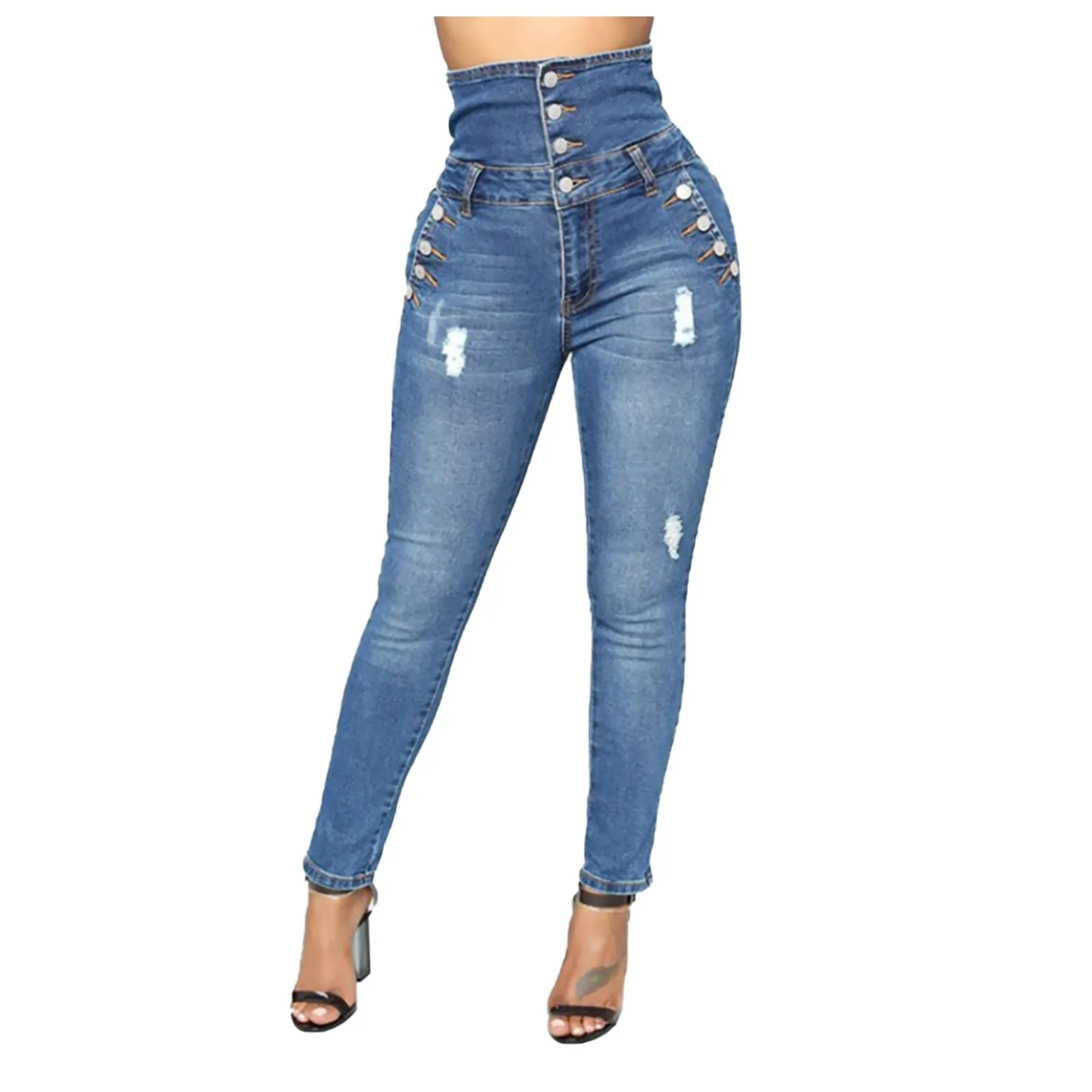 

Dark Blue High Waisted Jeans Women's Casual Elasticity Skinny All-match Stripe Zipper Fly Ankle-length Cowboy Denim Pencil Pants
