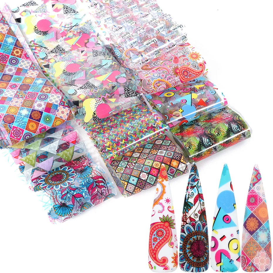 10 рулонов Ретро наклейка из фольги для ногтей красочные цветы геометрические