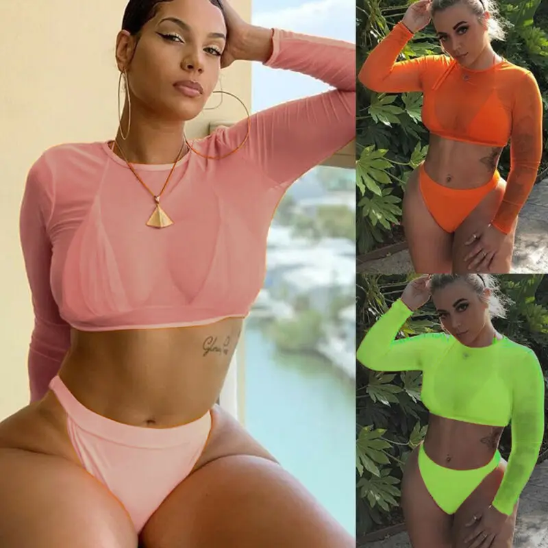 

3PCS Womens Bikini+Cover Up Set Push up Padded Halter Swimwear Long Sleeve Mesh Top Thong Swimsuit Bathing Suit