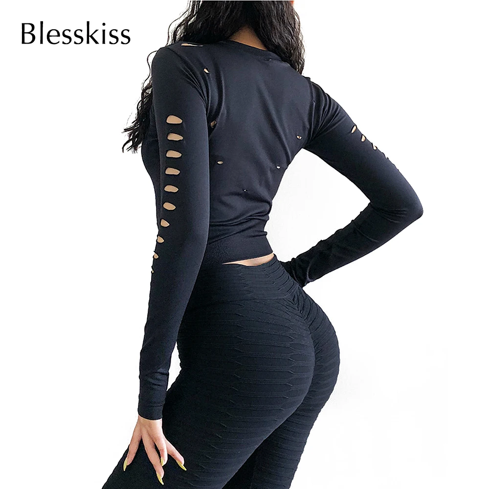 Blesskiss, сексуальный укороченный топ для йоги, женская спортивная рубашка с длинным рукавом и вырезом, женский топ для фитнеса, тренажерного зала, футболка, футболка для тренировок, femme