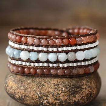 Handmade Multi Row Leather Wrap Bracelet Vintage Seed Beads Natural Stone Weaving Wristband Cuff Bracelet Bohemian Jewelry