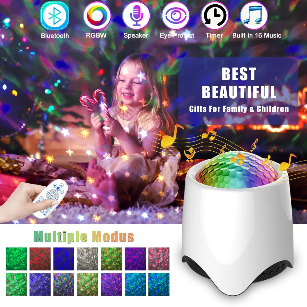 

USB Voice Control Music Projector Lamp Rotate Flashing Starry Water Wave Bluetooth LED Night Light For Kids Baby Christmas Gift