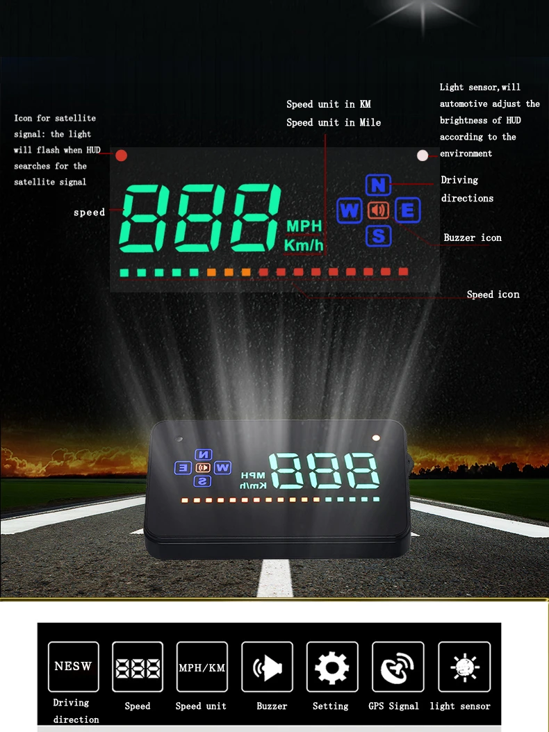 Gps измеритель скорости дисплей цифровой дисплей скорости MPH над скоростью компас с сигнализацией для всех транспортных средств лобовое стекло проектор A2