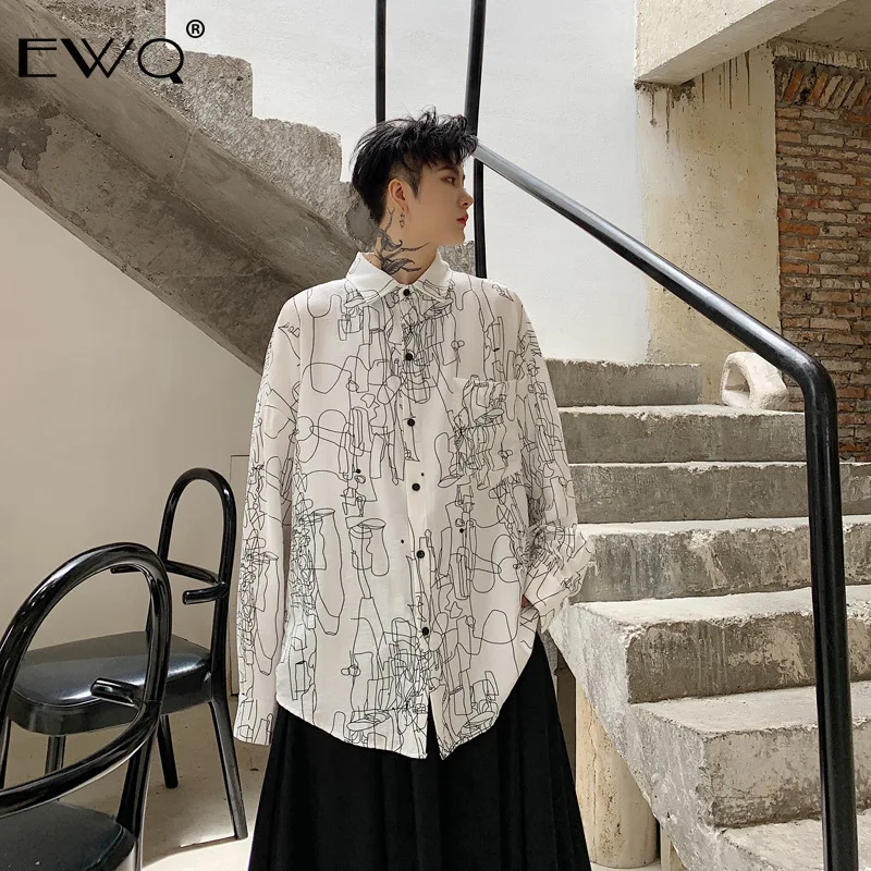 EWQ/модные новые мужские топы, свободные рукава летучая мышь, абстрактная печать, трендовая рубашка с длинным рукавом для мужчин, осень, новинка, большие размеры 19H-a39