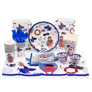

1 Set Of 97pcs Pirate Theme Party Disposable Paper Pirate Pattern Tableware For Kids Boys Girls Party Supplies