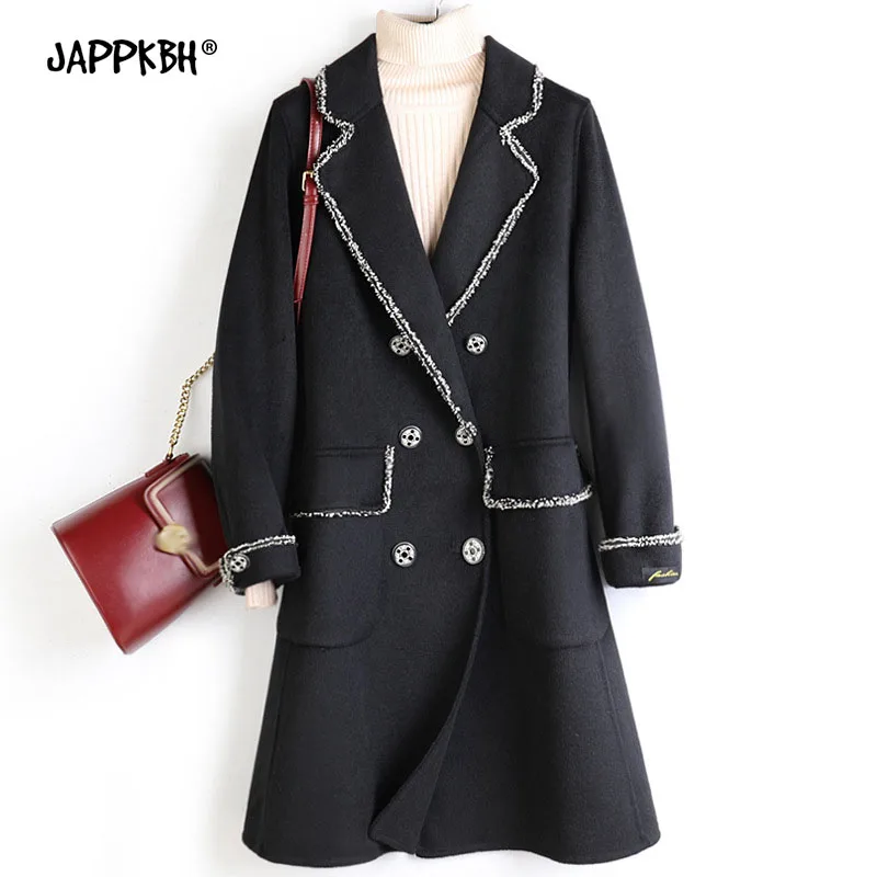 

Autumn Winter Long Coat Women 2020 Casual Black Double-faced Cashmere Suit Collar Wool Jacket Female Elegant Oversize Outwear