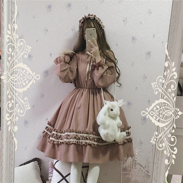 Alice In Wondeland Cute Women Lolita OP Dress Flouncing Lace Trim Japanese Harajuku Long Sleeves Doll Teen Dress Fairy Vestidos 5