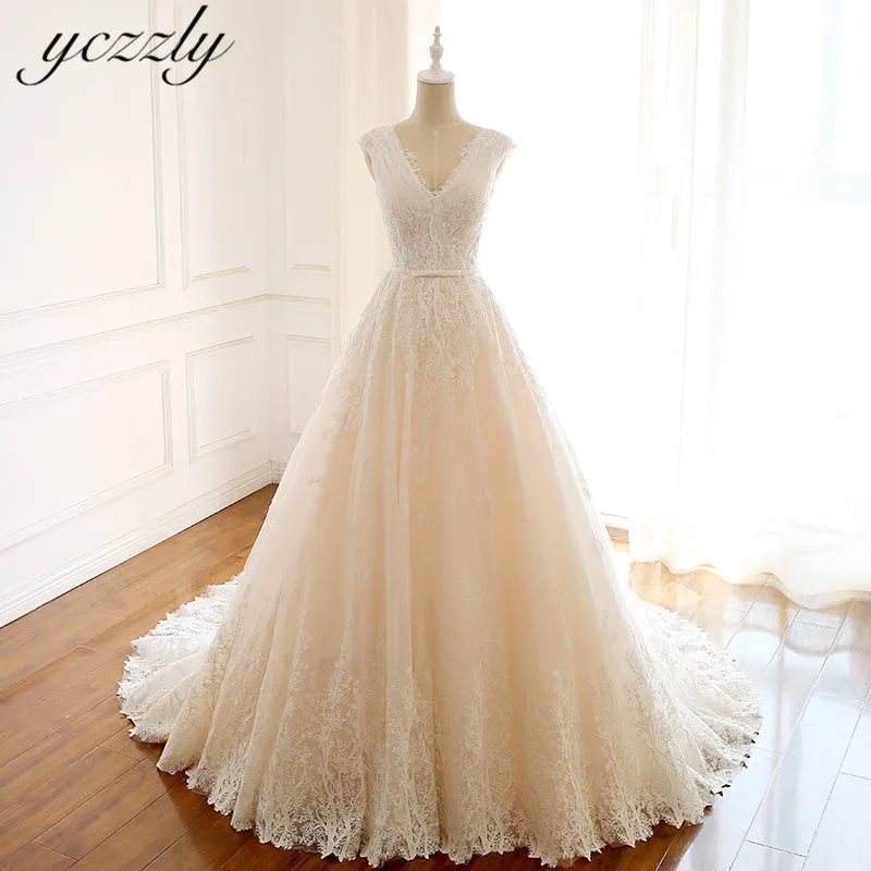 Vestidos De Novia Elegantes великолепные v-образным вырезом Кружева Аппликации Свадебные платья со стразами Плюс Размер без рукавов Длинные платья невесты W110