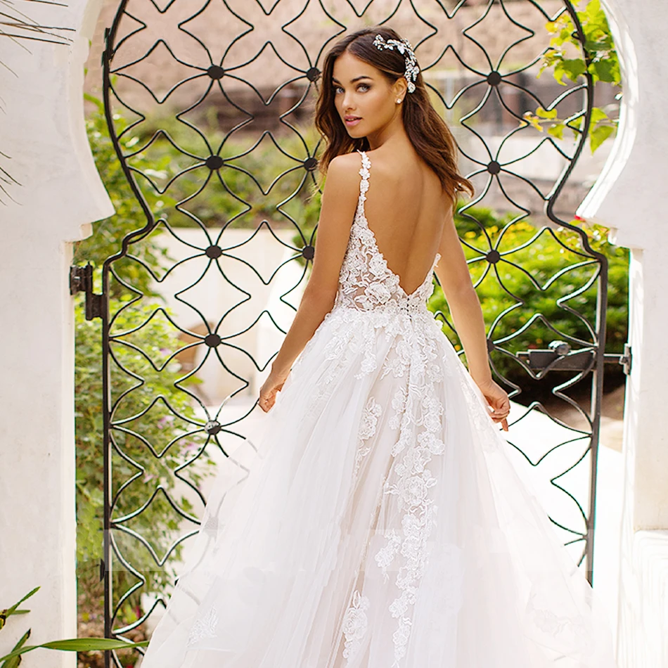 Vestido De Noiva сексуальное платье с v-образным воротом, с вырезом на спине с вышивкой кружевное свадебное платье бусины спагетти StrapsRomantic платье невесты из тюля