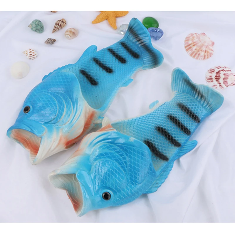 Забавные женские шлепанцы в форме рыбы; Вьетнамки; летние пляжные шлепанцы для пар; дышащая пляжная обувь унисекс - Цвет: blue