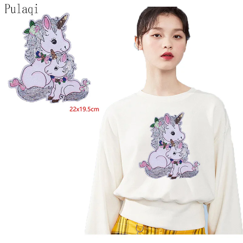 

Pulaqi Sequin Cartoon Unicorn Patches Sticker On Clothes DIY Iron On Embroidered Patches For Clothing T Shirt Applique Sticker