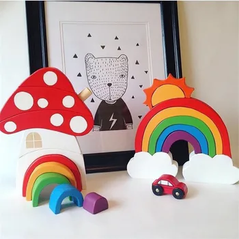 

Cute Wooden Block Mushroom Rainbow Building Blocks Educational Baby Kids Room Decoration Ornaments Wood Toys Photography Props